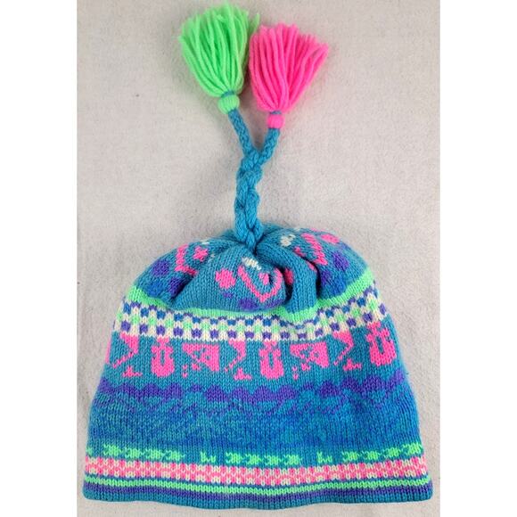 Vintage Murray Markley Wool Knit Ski Hat Neon Tassel Beanie Canada 80s 90s - Picture 6 of 9